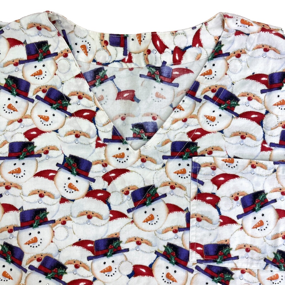 Handmade Womens Scrub Top Cheery Happy Snowmen Ivory‎ Winter Fabric Large V-Neck